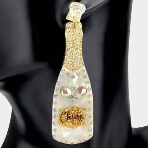 Champagne Bottle Rhinestone White Acetate Dangle Earrings - Picture 2 of 6